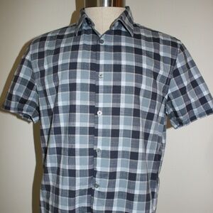 John Varvatos Star USA Short Sleeve Woven Shirt Blue Check Pattern Sz M
